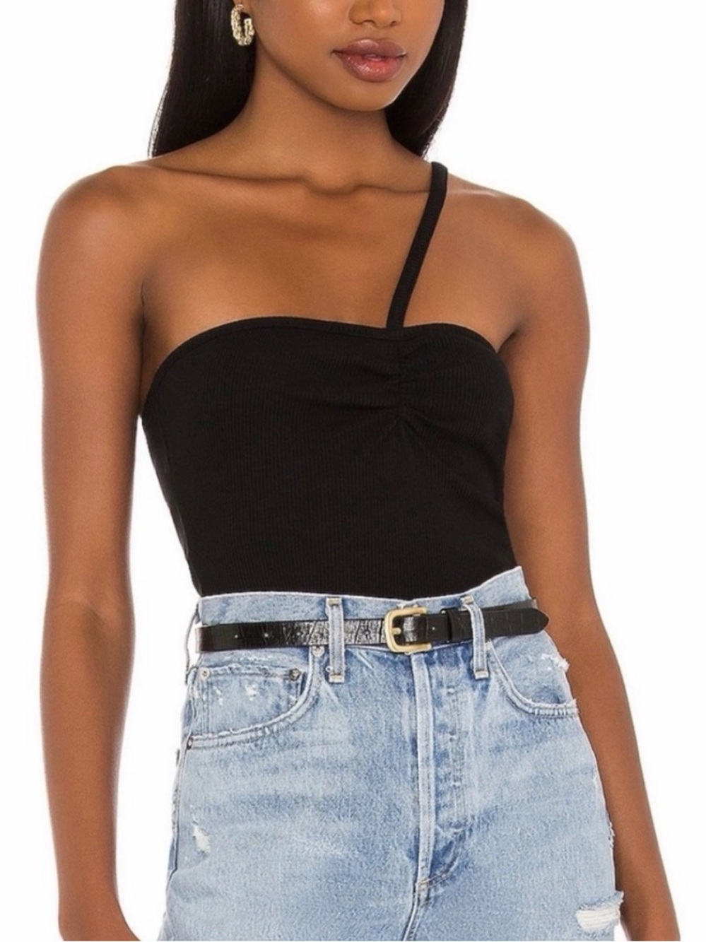 Agolde Black One-Shoulder Ribbed Camisole